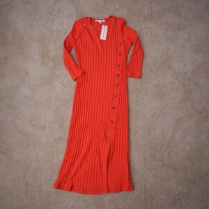 Madison + Hudson Womens Ribbed Maxi Dress Orange Side Button Slit Long Sleeve S